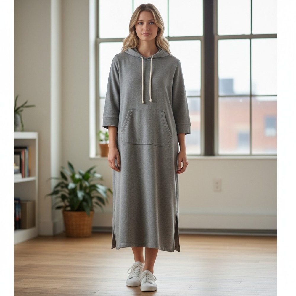 Lands End Womens Gray Fleece Hoodie Sweatshirt Dress Midi Long Sleeve Large